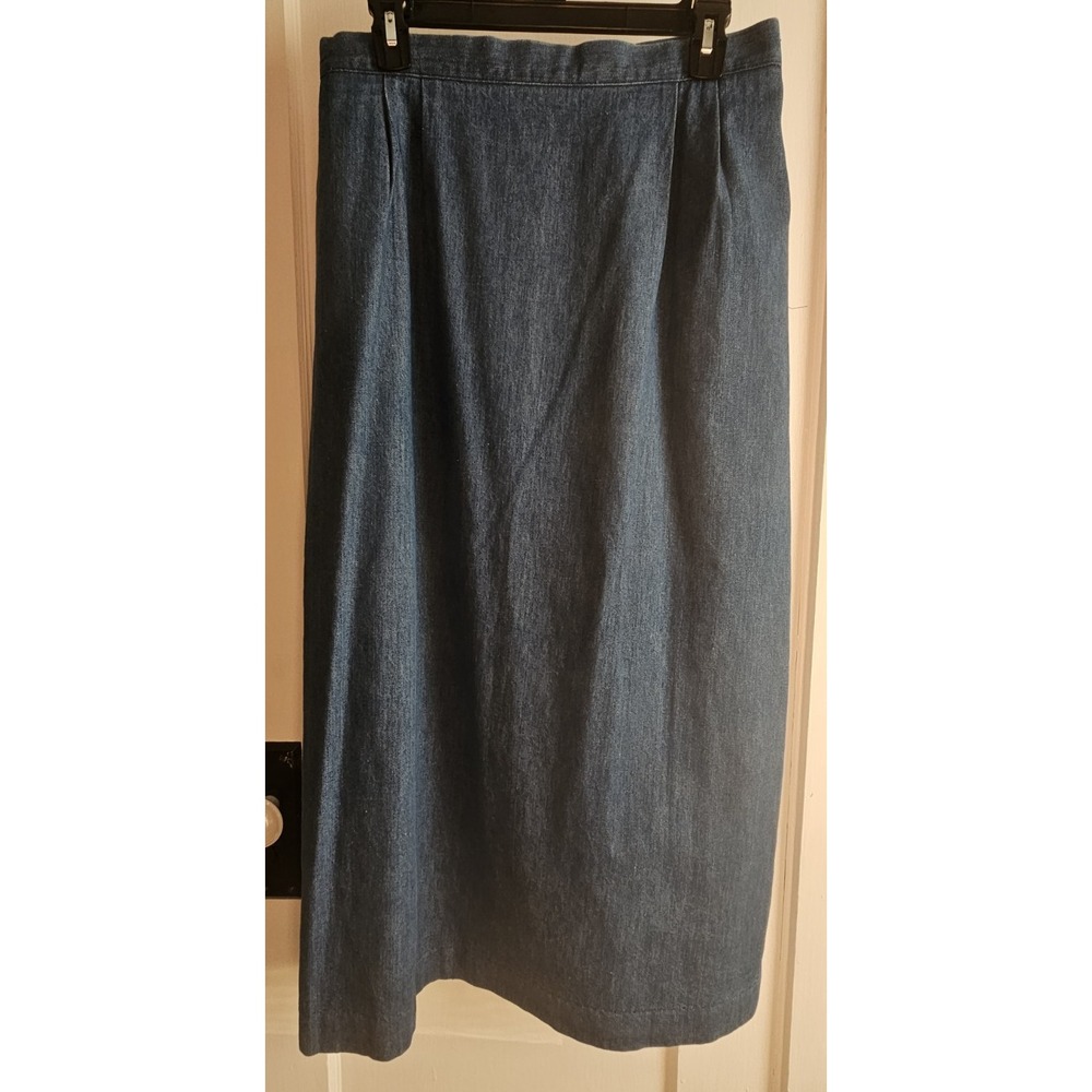 Vtg Talbots woman Sz 14 denim midi straight skirt pockets back slits w/buttons